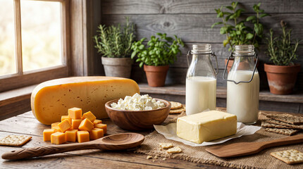 A rustic wooden table displaying a variety of fresh dairy products in soft natural light