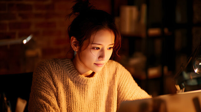 Asian woman working late at laptop warm cozy office
