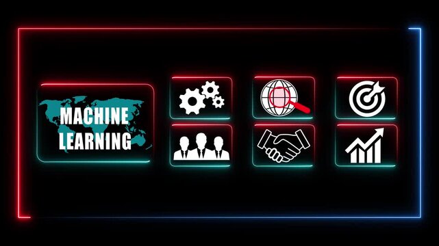 Glowing neon line banner of machine learning concept with icons of branding, advertising, devices, internet and target isolated on transparent background.	