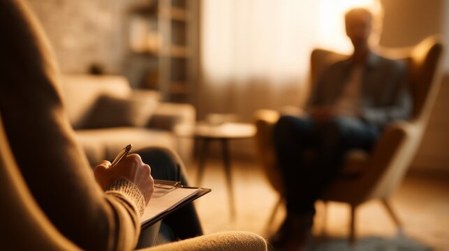 warm blurred therapy office scene with calm conversation and trusting atmosphere