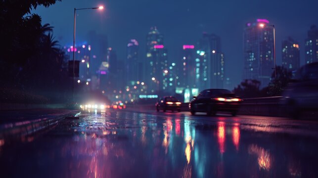 dreamy neon night city skyline with slow cinematic reflections and moody atmosphere