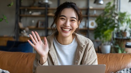 Asian woman video calling on laptop warm bright home office