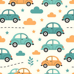 Teal Blue and Sand Baby Car Illustration for Bed Sheet Print