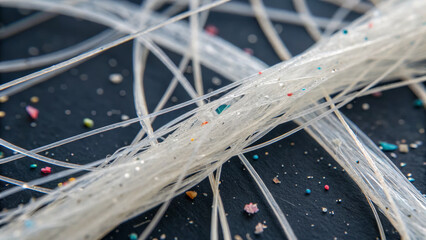 Microplastic fiber thread filament synthetic plastic pollution closeup macro texture debris waste environmental contamination nylon clear white strand tangle pile detail abstract background