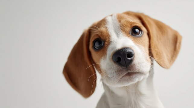 Beagle puppy with brown and white fur tilts its head. Looking directly at the camera with a curious and questioning expression against a clean. Bright background. Conveying innocence and attentiveness