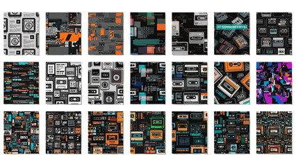 Fototapeta premium Collage of vintage cassette tapes and retro graphic elements
