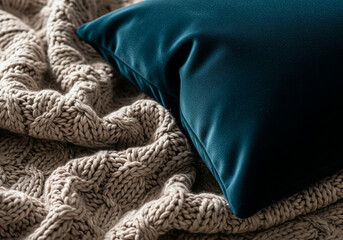 Close-up of a soft, textured blanket and a plush cushion