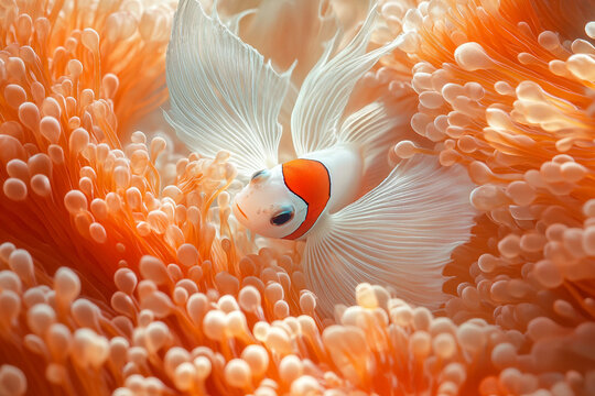 Clownfish peeking out from soft orange coral reef habitat in vibrant underwater environment, generative ai