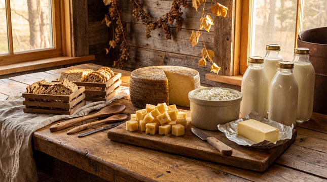 A rustic wooden table displaying a variety of fresh dairy products in soft natural light