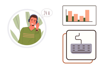Customer service agent wearing a headset speaking, bar graph indicating performance metrics, computer keyboard for technical support. Ideal for service, communication, technology, efficiency