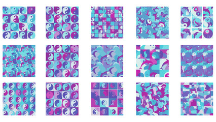 Abstract seamless pattern with yin yang symbols and geometric shapes