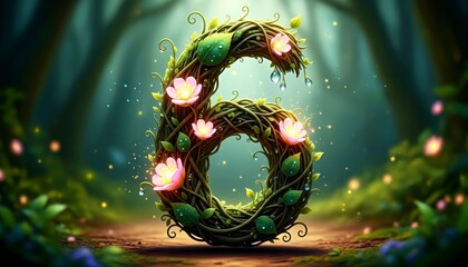 Number six made of vines and flowers in enchanted forest setting  