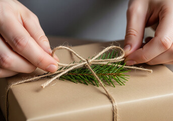 Wrapping A Gift Box With Twine And Pine Needles