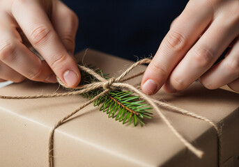 Gift Wrapping with Twine and Evergreen Sprig Decoration