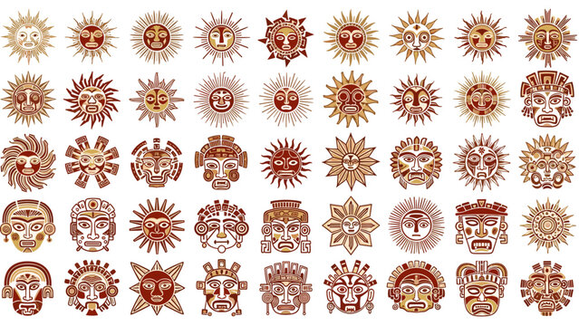 Collection of ancient sun and face symbols in mayan style