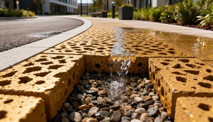 Medium shot of porous bricks installed on a pathway showcasing effective rainwater drainage for sustainable urban design.