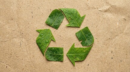 Recycling symbol made of green leaves on craft paper background, eco friendly concept, sustainable waste management, organic ecology nature sign
