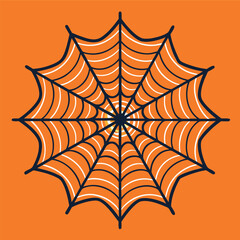 A clean spider web illustration on an orange background, with thick black lines and a symmetrical geometric pattern