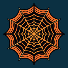A clean spider web illustration on an orange background, with thick black lines and a symmetrical geometric pattern