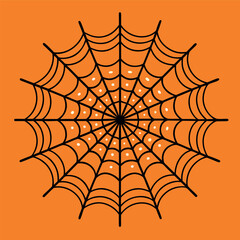 A clean spider web illustration on an orange background, with thick black lines and a symmetrical geometric pattern