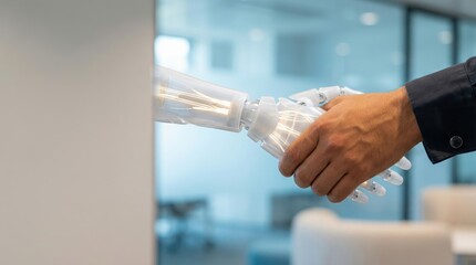 Robot and human shaking hands, artificial intelligence partnership concept, future technology cooperation, cyber business agreement, machine learning