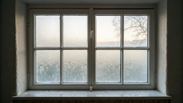 Frosted glass window textured pane soft light morning glow interior wall vintage frame muted color privacy glass condensation winter chill. Frosted window casts calm light across room with subtle
