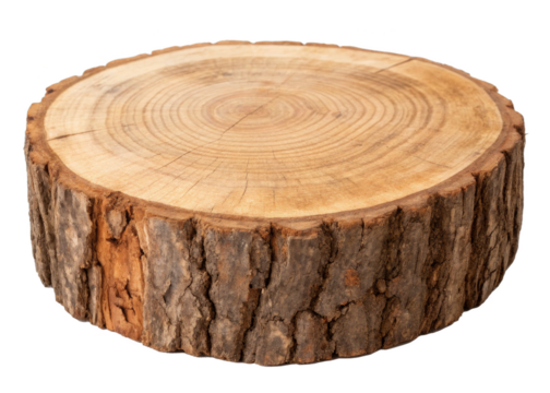 Wood slice tree stump round cut natural texture bark edge rustic decor cross section growth rings hardwood isolated
