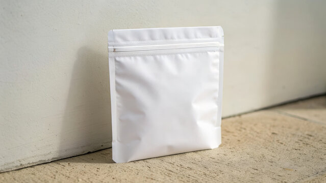 Minimal white ziplock pouch matte packaging bag resealable stand up pouch clean mockup product container blank foil packet modern design studio light neutral background simple style