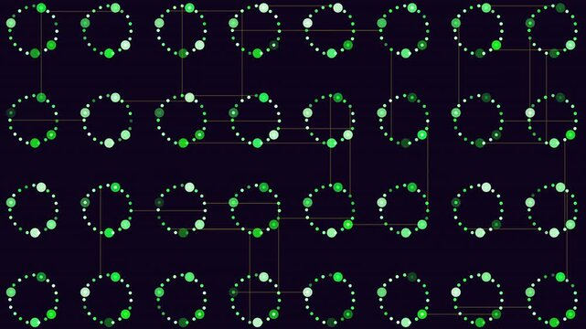 A symmetrical arrangement of purple circles forming a circular pattern on a black background. The circles overlap and are evenly distributed around the center