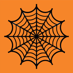 A clean spider web illustration on an orange background, with thick black lines and a symmetrical geometric pattern