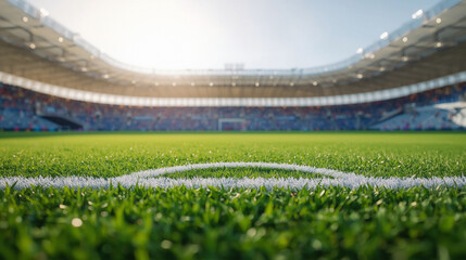 Soccer stadium field with bright sunlight