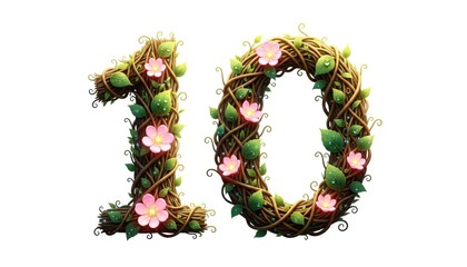 Number 10 made of vines and flowers in vibrant colors  