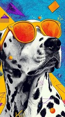 Abstract surreal dalmatian dog wearing bright yellow sunglass against bold background symbolizing vibrant pop art style and summer fun