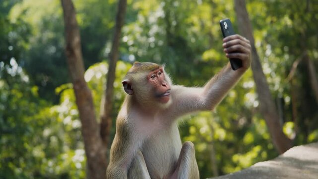 Monkey taking a selfie with smartphone, mp4 video. AI