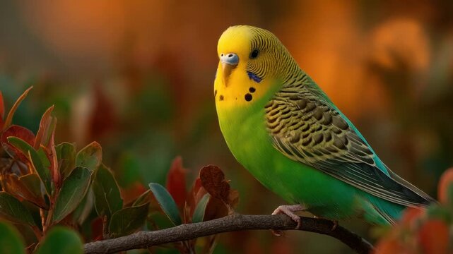 Vivid budgie perched on a branch, amidst foliage, bathed in warm light