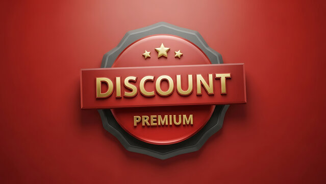 A vibrant red and gold discount premium badge, featuring three stars and a stylish design, perfect for advertising promotions and special offers