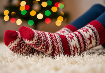 A person relaxing in warm festive socks during Christmas holidays