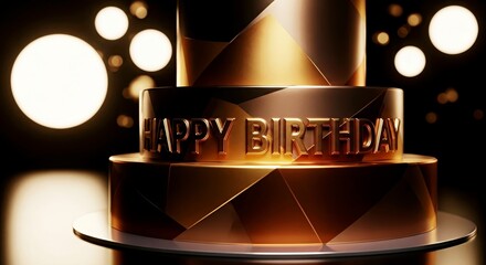 Decorative birthday cake with "Happy Birthday" inscription in gold  