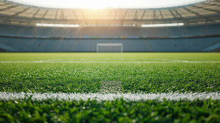 Stadium grass field with goalpost and bright sun flare.