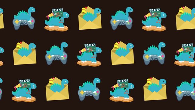 Seamless pattern of cartoon dinosaur, gaming, and digital marketing media icons in a tile background animation. Repeat wallpaper with game controller and movie clapperboard symbols.