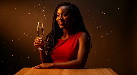 Young black woman smiling and raising champagne glass at a table  