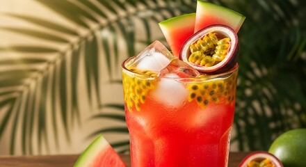 Obraz premium Refreshing Watermelon and Passion Fruit Cocktail with Ice and Tropical Background.