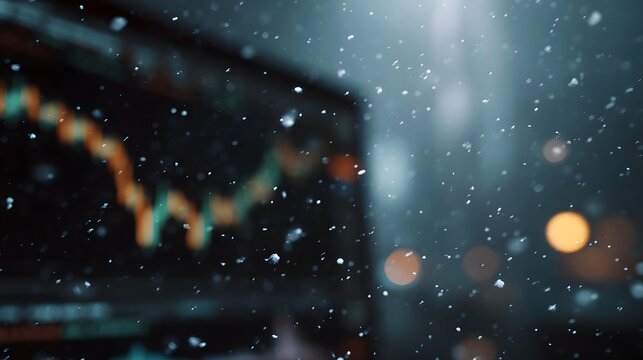 Falling snow obscures a blurry financial market chart on a screen at night