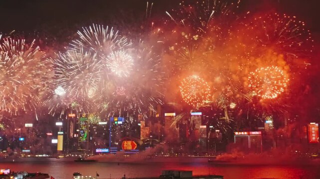 Chinese New Year beautiful fireworks at Victoria habour, Hong Kong, 4k