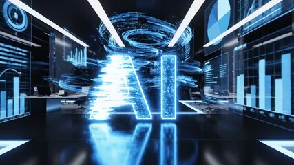 AI Technology Concept with Glowing Blue Letters and Data- Rich Futuristic Room artificial intelligence. - Powered by Adobe