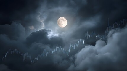 A dramatic financial graph rises through stormy night clouds under the moonlight