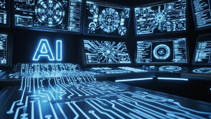 AI text glowing on a futuristic circuit board with multiple computer screens artificial intelligence. - Powered by Adobe