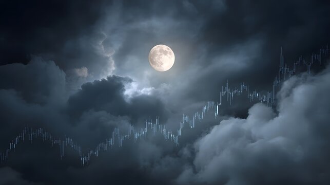 A dramatic financial graph rises through stormy night clouds under the moonlight