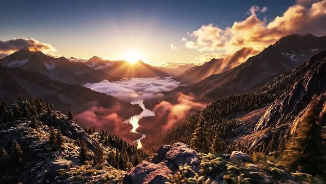Majestic sunrise over misty mountains