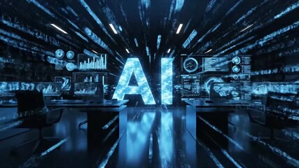 Large Glowing Blue AI Text with Data Visualizations and Futuristic Tunnel Effect artificial intelligence. - Powered by Adobe